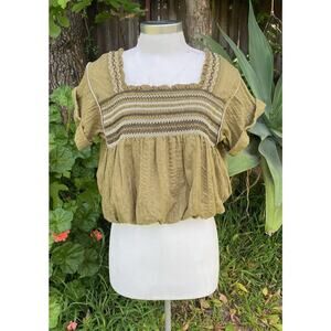 Free People Wandering Skies Crop Top XS Embroidered Smocked Olive Green